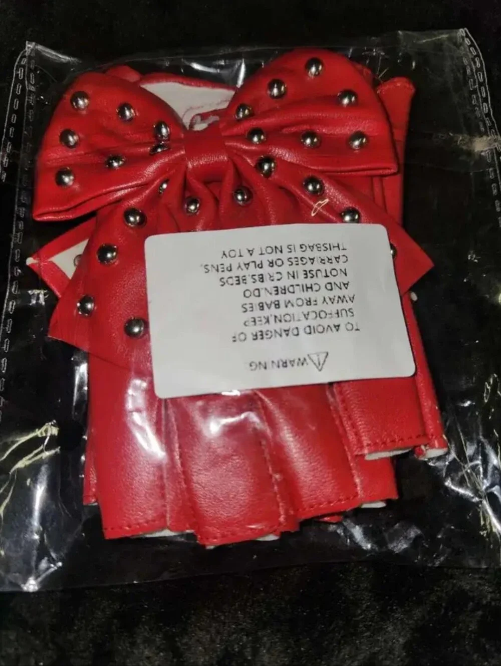 Red Studded Bow, Half-Finger, Snap-Button-Palm, Lined Faux Leather Gloves (OS)